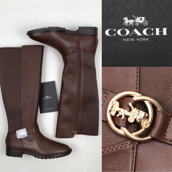 COACH Farrah Brown Leather Tall Riding Boots Logo Buckle NEW NWOB - Picture 1 of 16